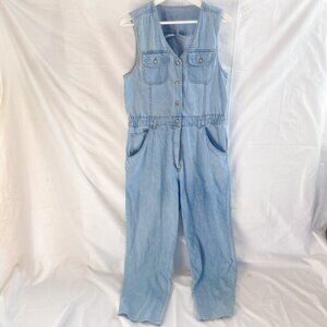 Rare Vtg 90s Bill Blass Light Wash Denim Sleeveless Jumpsuit SizeL Logo Pockets